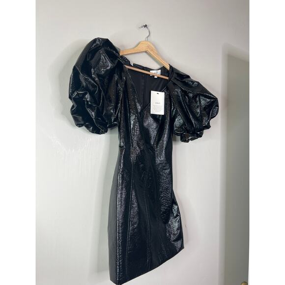 NWT A.L.C. Park Crinkled Faux Leather Puff Sleeve Lined Mini Dress Black Size: 0 - Picture 3 of 8